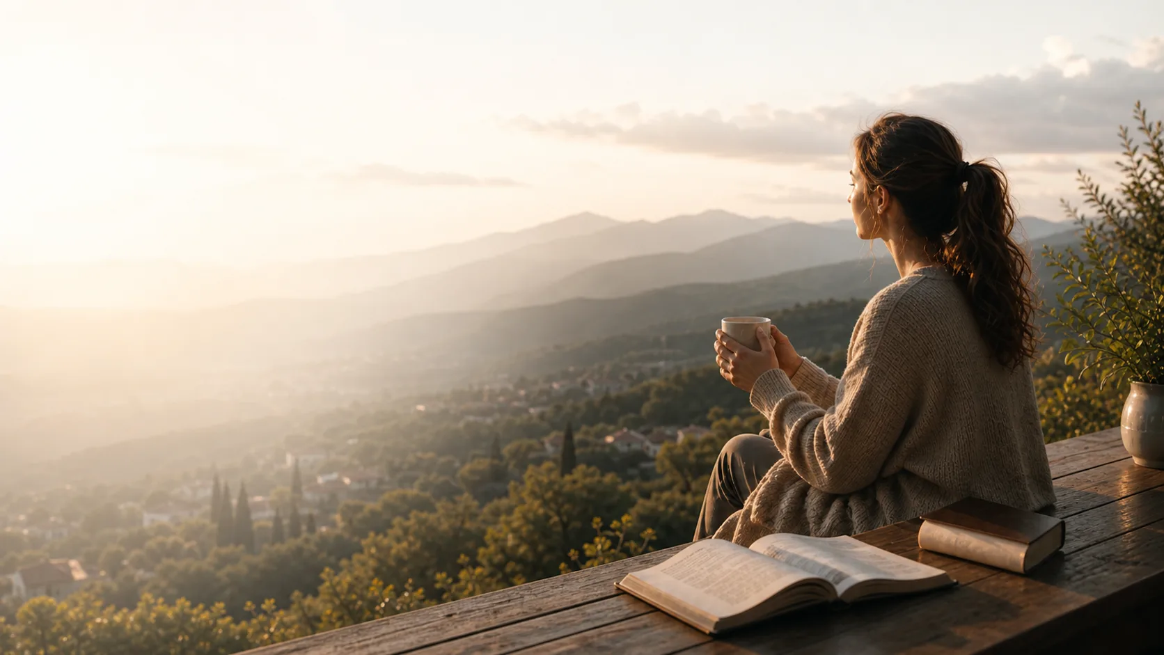 A quiet mountain morning with a woman holding a mug on a wooden terrace